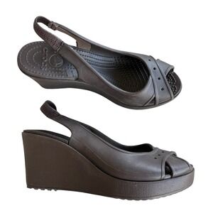 Crocs Farrah slingback wedge sandals women's 8 brown peep toe casual beach heel